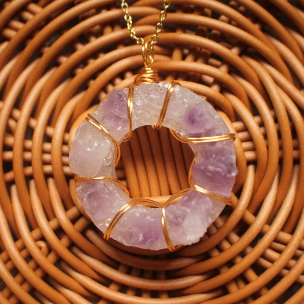 Raw Amethyst Circle Pendant Necklace – Gold Wire Wrapped - Picture 5 of 8